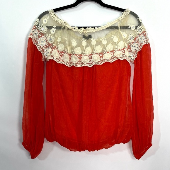 RYU Beaded Sequin Orange with Ivory Lace Off Shoulder Top Loose Sleeves Sz Small - Picture 2 of 5